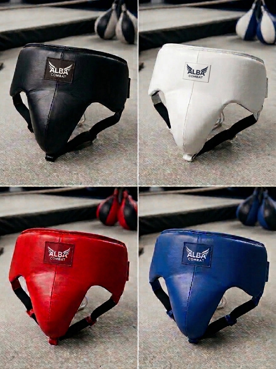 Alba Combat Pro Groin Guard - black, white, red and blue colourway collage